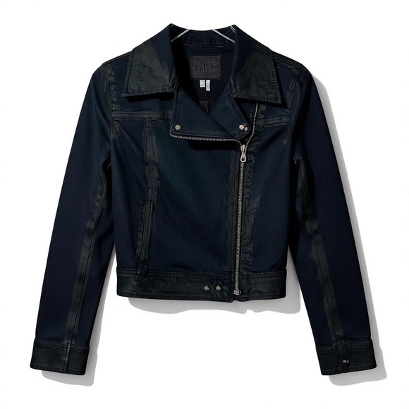 PAIGE size small black denim biker moto jacket zip front jeans - Picture 2 of 7